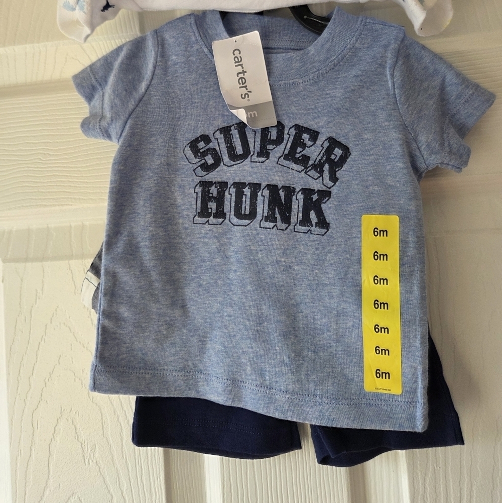Carter's Baby Boy 6M Summer Set 4pc NWT 'Super Hunk' Dinosaur Plaid Preppy